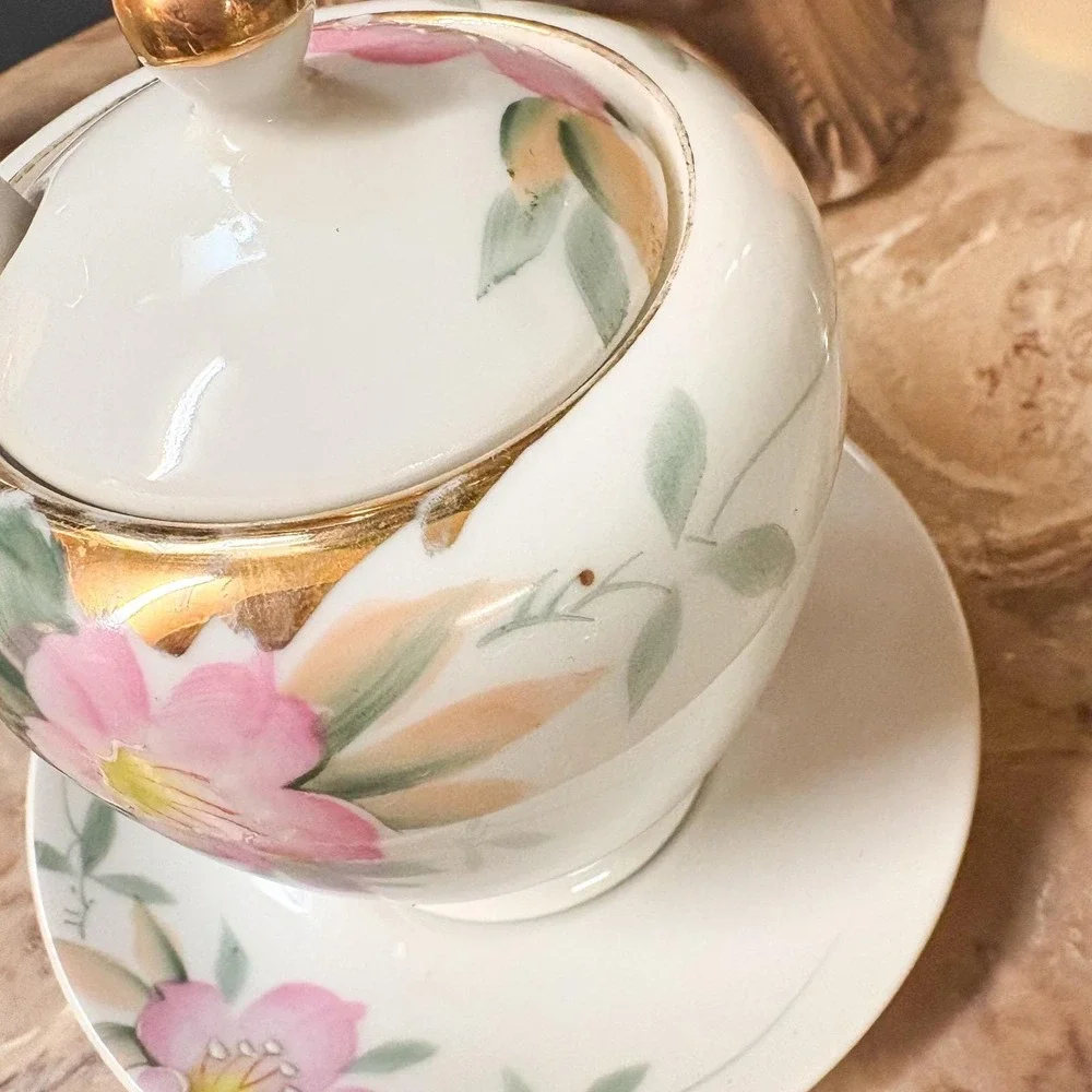 Vintage Noritake 1930's Hand Painted Jam Jar Spoon Underplate Japan Floral Set